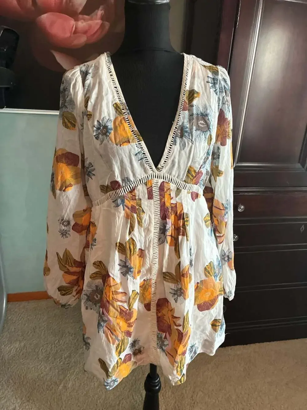 Free People Strawberry Fields Long Sleeve Floral Boho Mini Dress Sz S A729